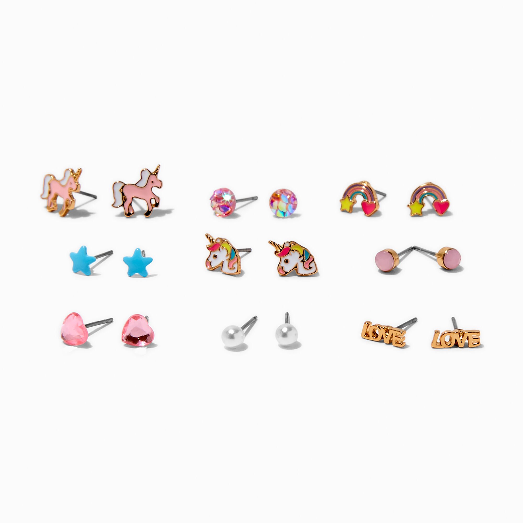 View Claires Unicorn Stud Earrings 9 Pack Pink information