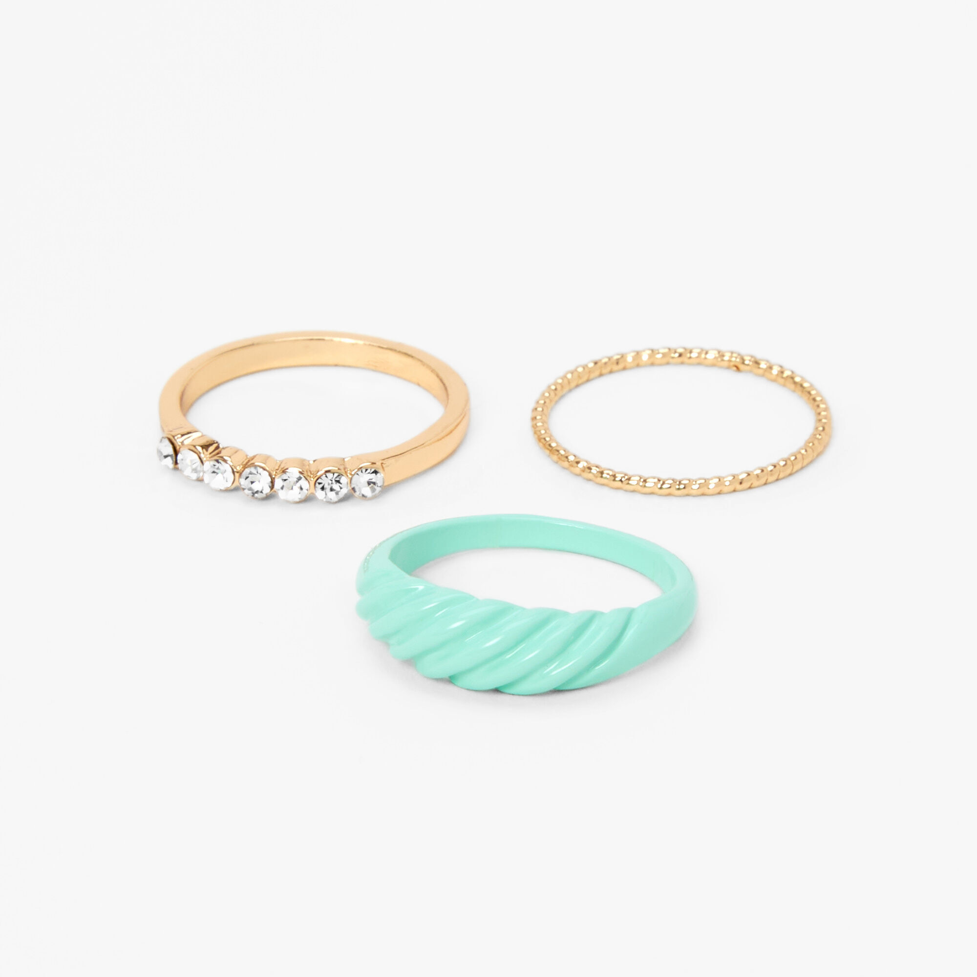 View Claires Crystal And Enamel Rings Mint 3 Pack Gold information