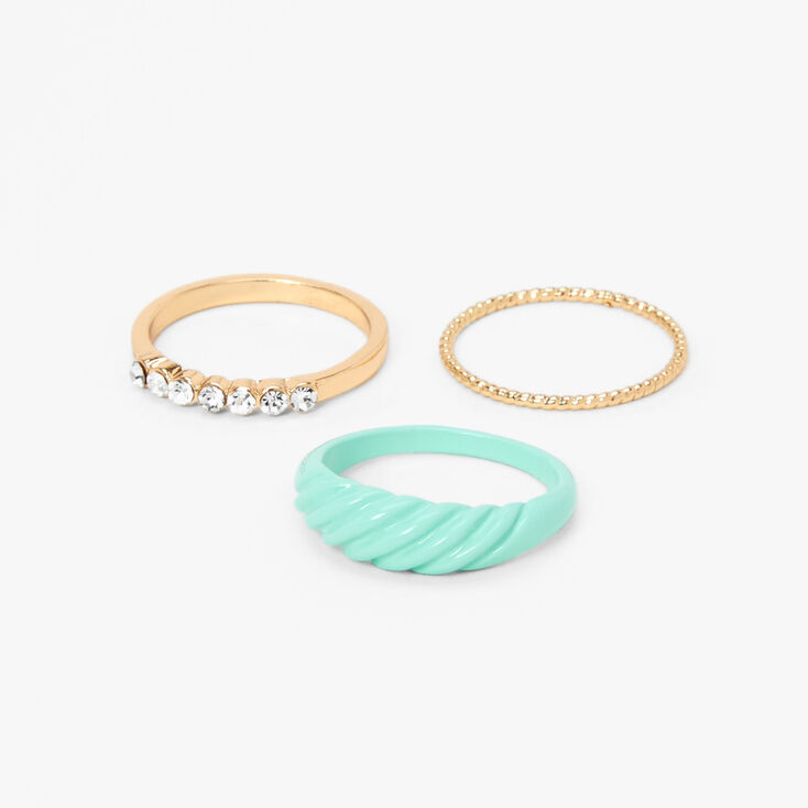 Gold Crystal and Enamel Rings - Mint, 3 Pack,