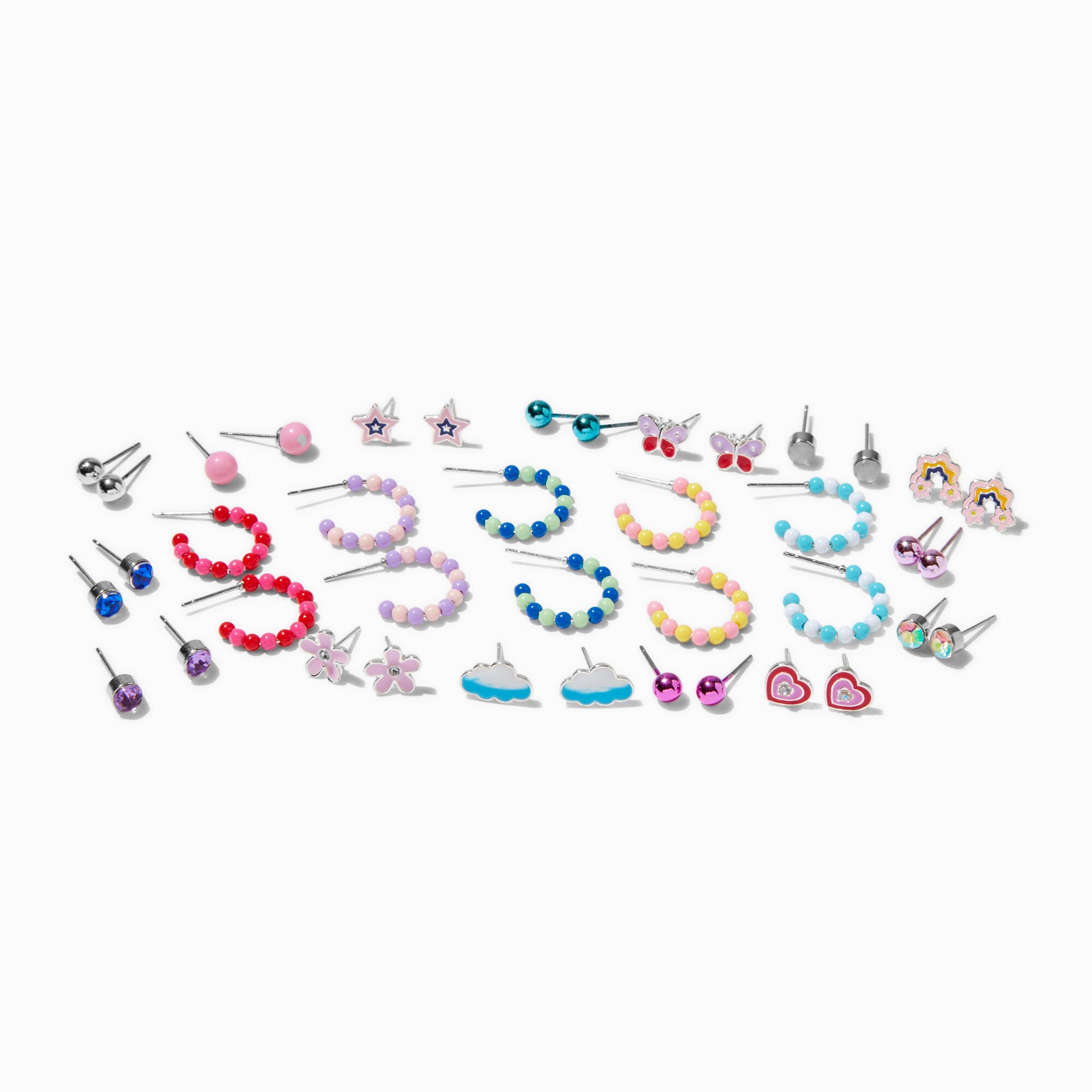 Beaded Hoops & Mixed Stud Earrings Set - 20 Pack ,