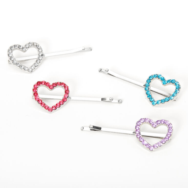 Claire's Club Silver Heart Color Stone Hair Pins - 4 Pack | Claire's