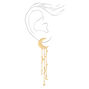 Gold 3.5&quot; Crescent Moon &amp; Stars Linear Drop Earrings,