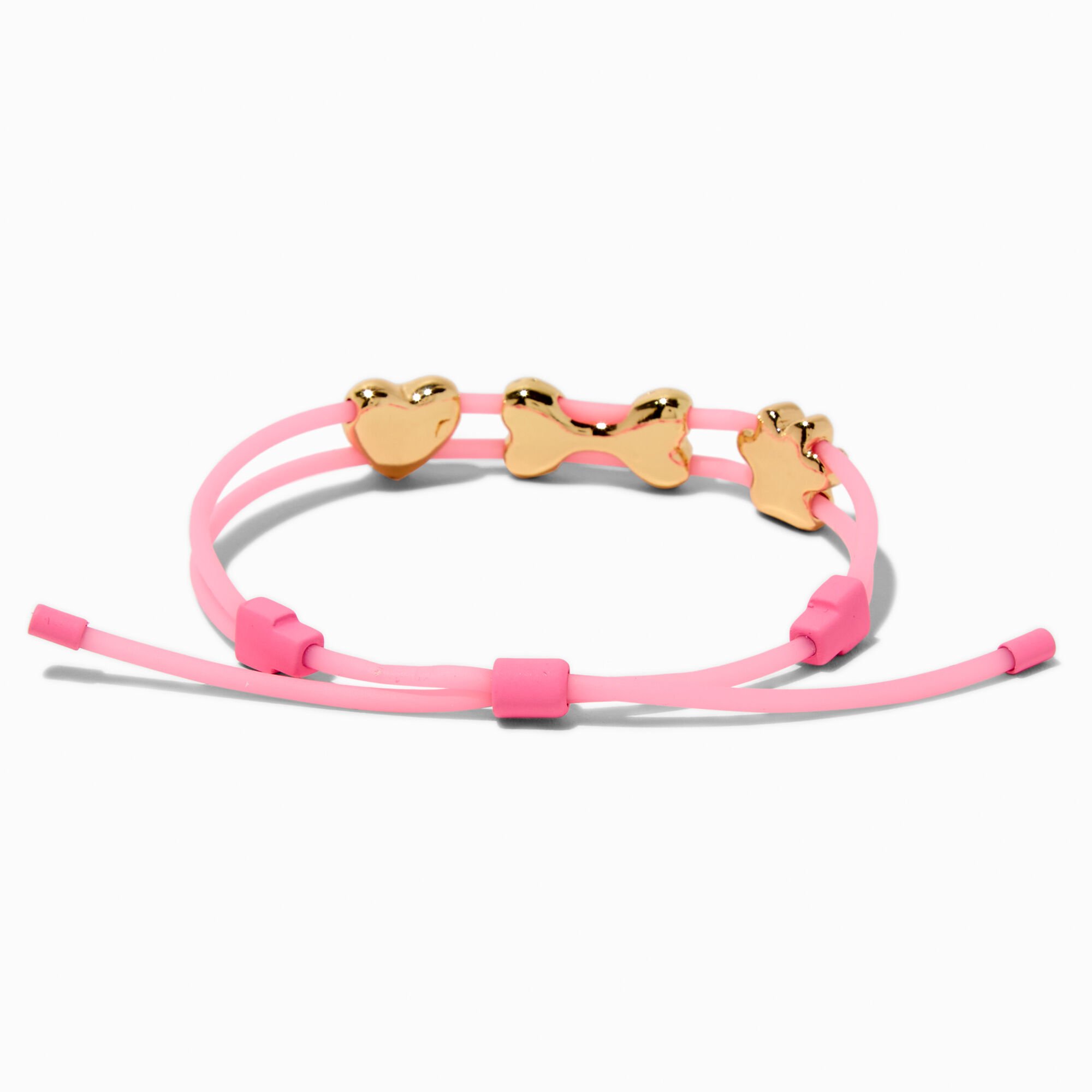 Gold-tone Paw, Bone & Heart Charm Pink Bolo Bracelet,