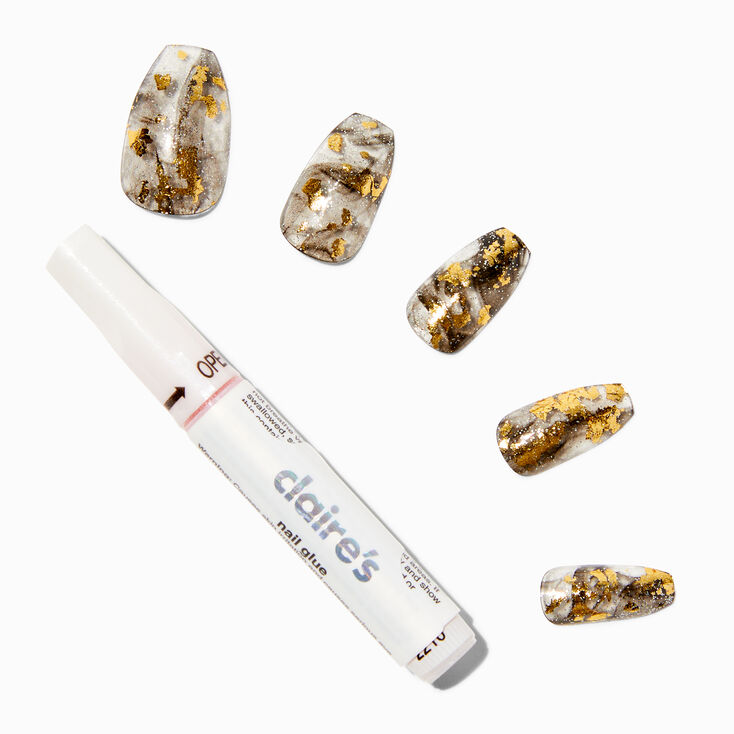 Black &amp; Gold Marble Swirl Coffin Vegan Faux Nail Set &#40;24 Pack&#41;,
