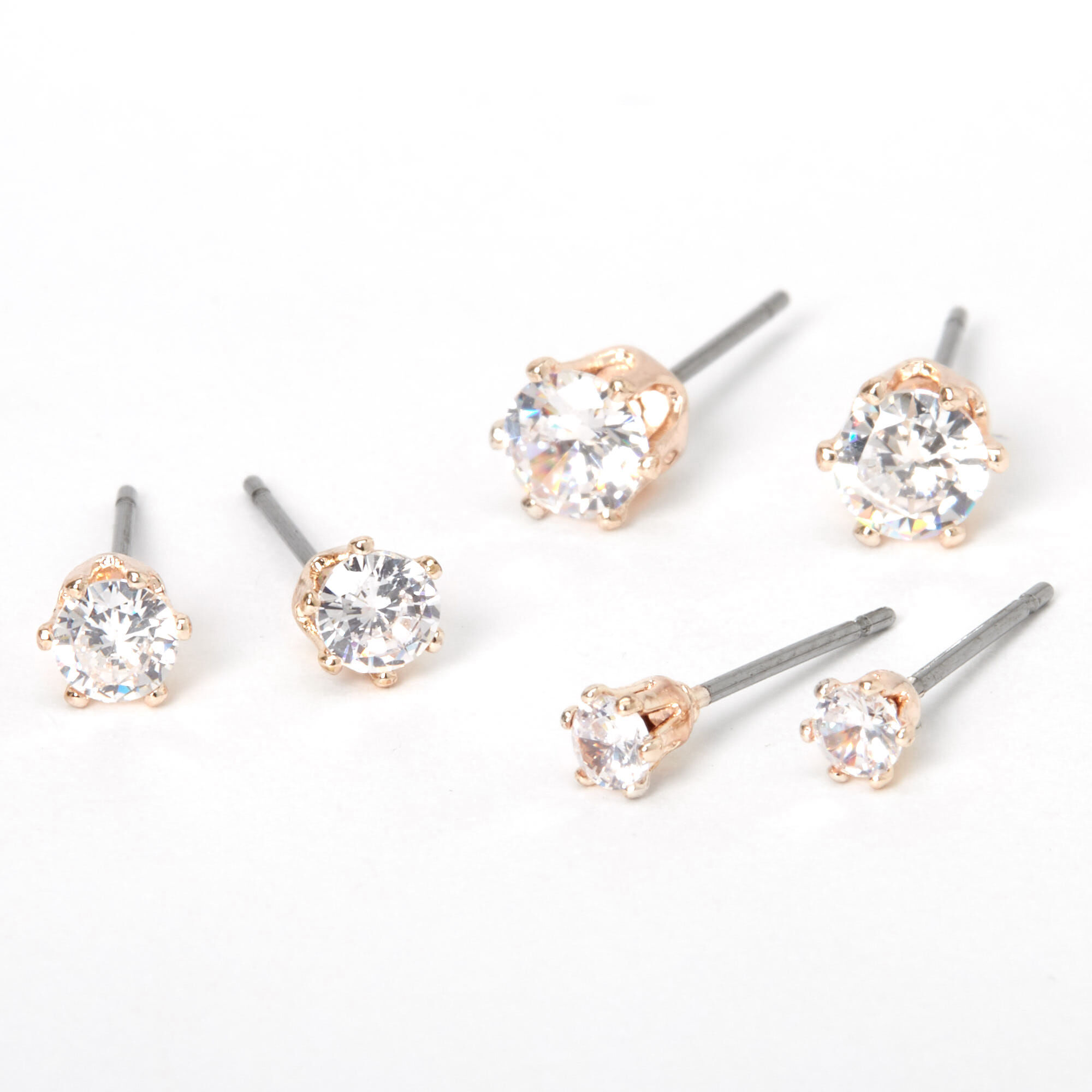 MOOCHI Silver/Gold/Rose Plated Brass Round Cubic Zirconia Stud Pieced Earrings 3mm-8mm Pack of 6 Pairs 