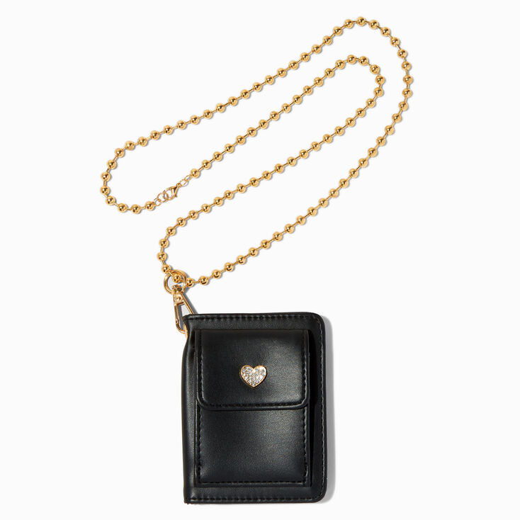 Crystal Heart Black Wallet on Gold-Tone Chain Lanyard
