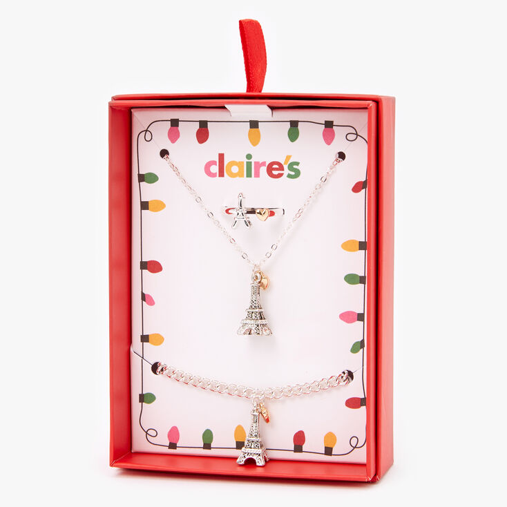 Claire's Coffret cadeau parure de bijoux tour Eiffel couleur argentée - Lot de 3