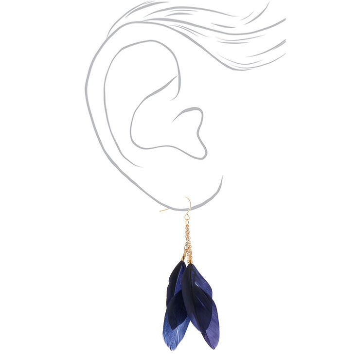 Gold 3&quot; Feather Drop Earrings - Navy,