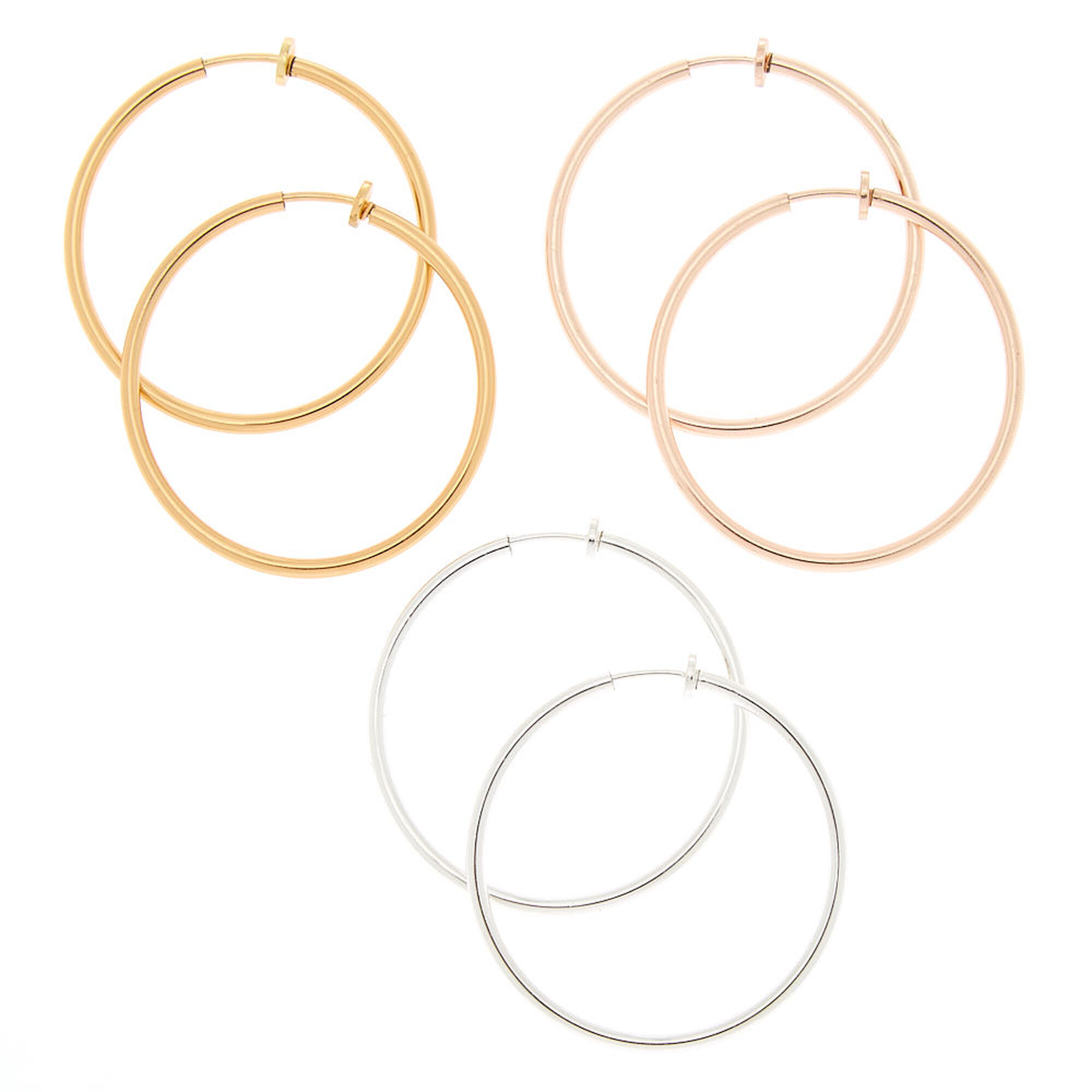 View Claires Mixed Metal 40MM Clip On Hoop Earrings 3 Pack Rose Gold information