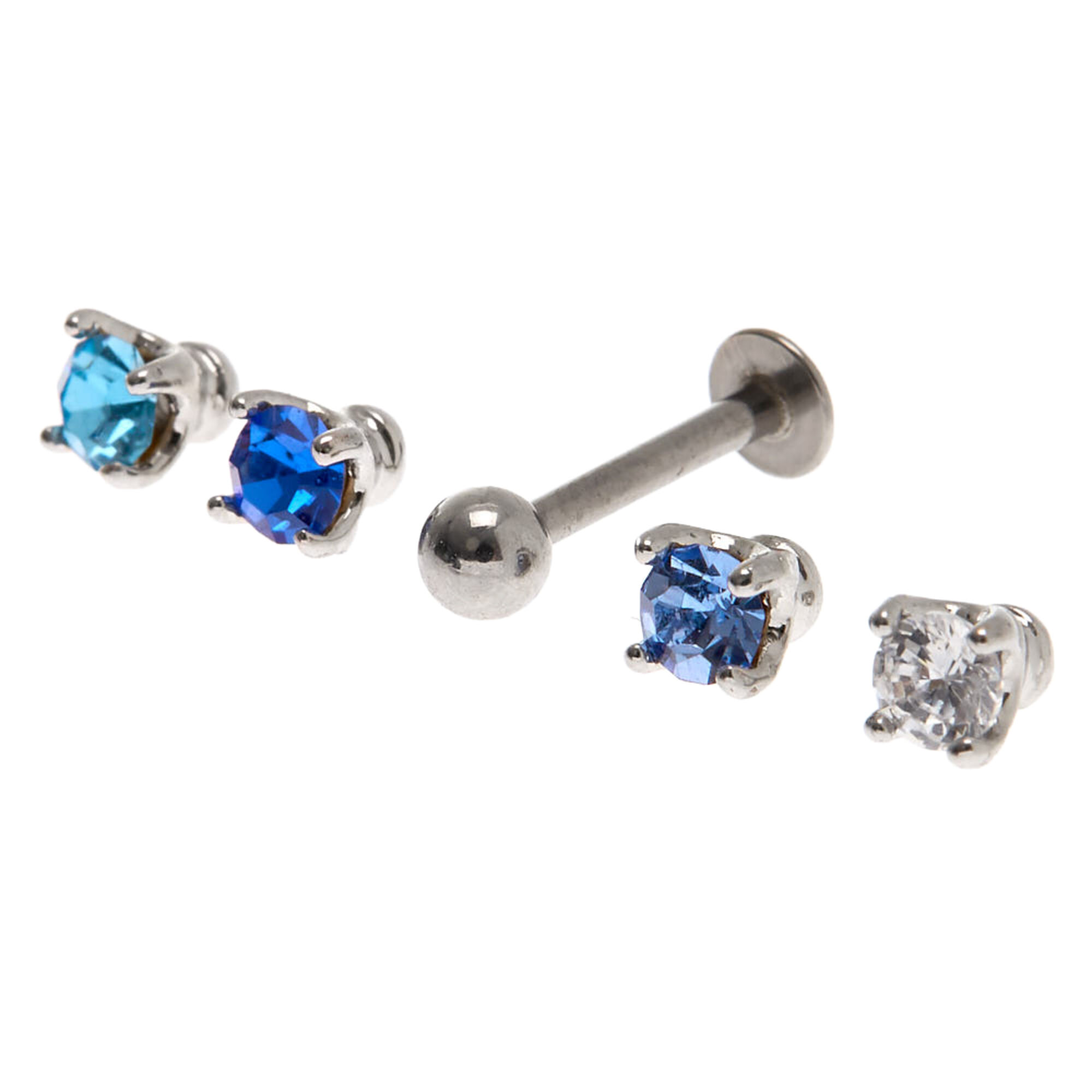 View Claires 16G Multi Crystal Changeable Tragus Flat Back Earrings 5 Pack Blue information