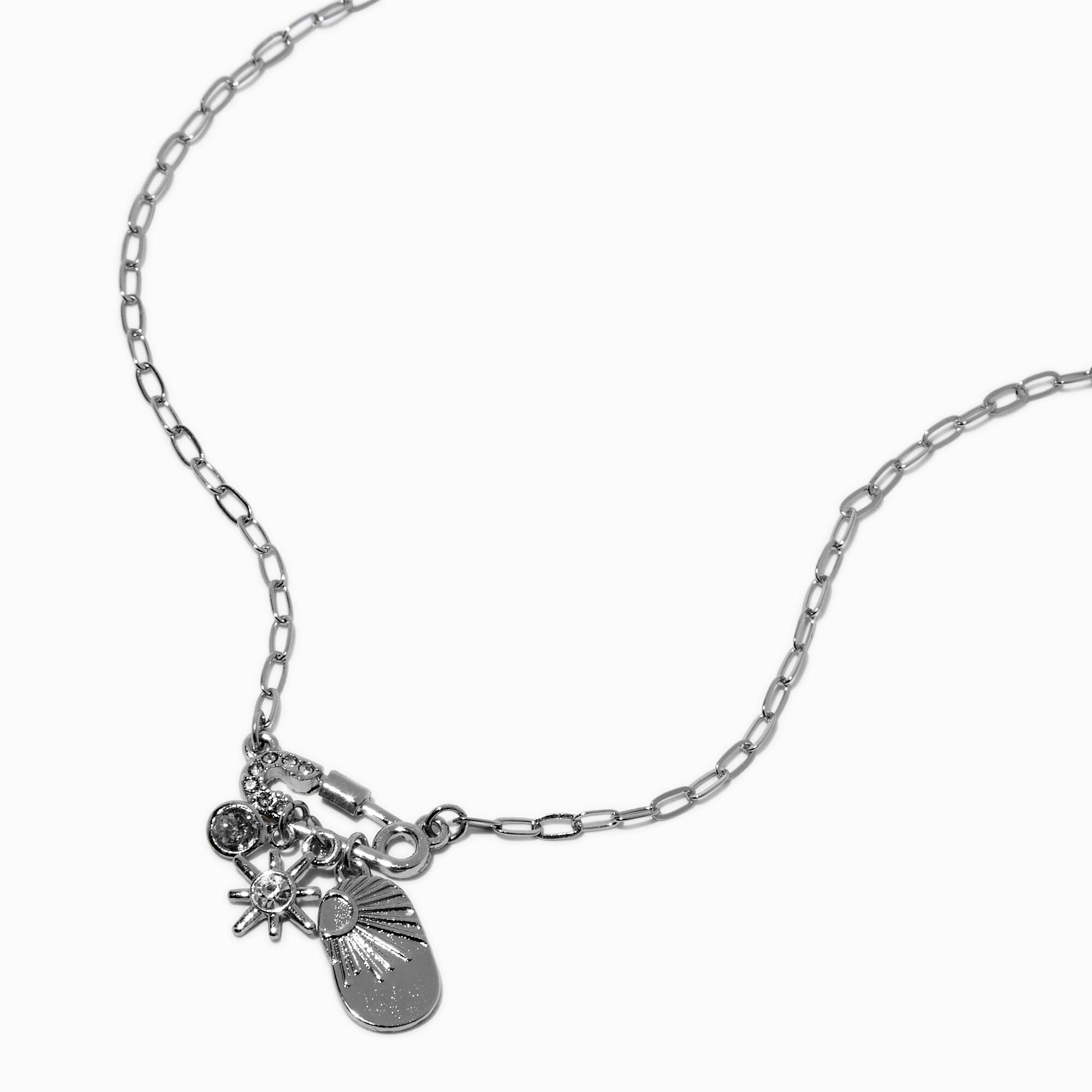 Silver-tone Cubic Zirconia Safety Pink Charm Pendant Necklace,