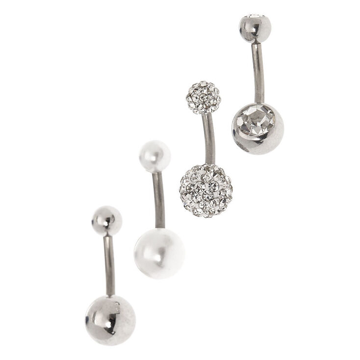Silver-tone Titanium Crystal Pearl Mixed 14G Belly Bars - 4 Pack,