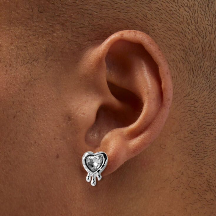 Silver-tone Crystal Drippy Heart Stud Earrings