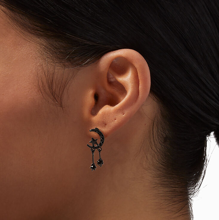 Black 1&quot; Crescent Moon Star Stud Earrings,