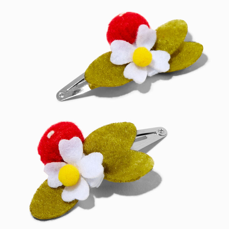 Barrettes clic clac champignon et marguerite rouges - Lot de 2,