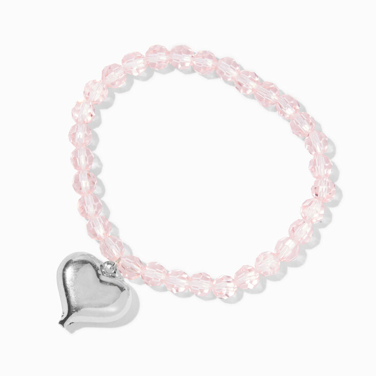 Puffy Heart Charm Pink Beaded Stretch Bracelet,