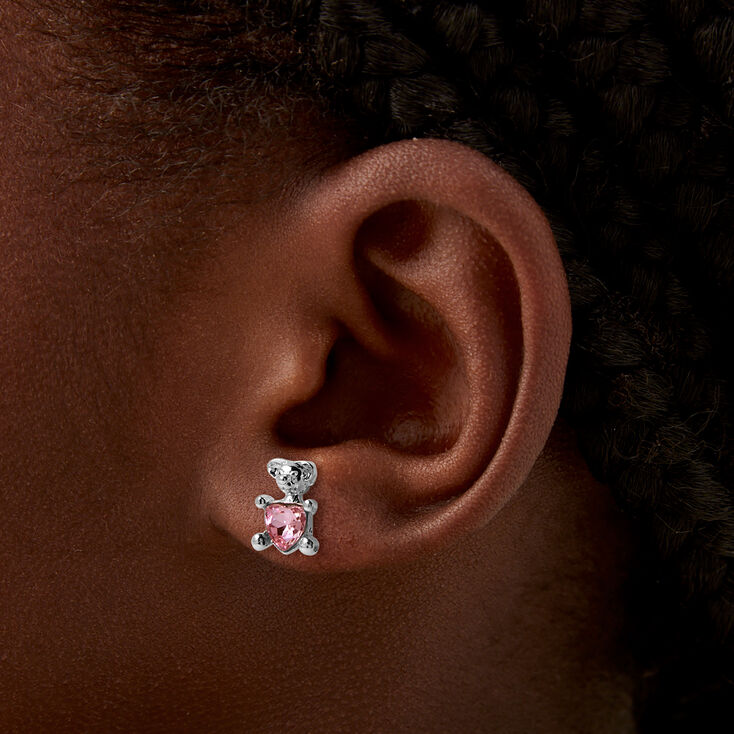 Pink Crystal Teddy Bear Stud Earrings,
