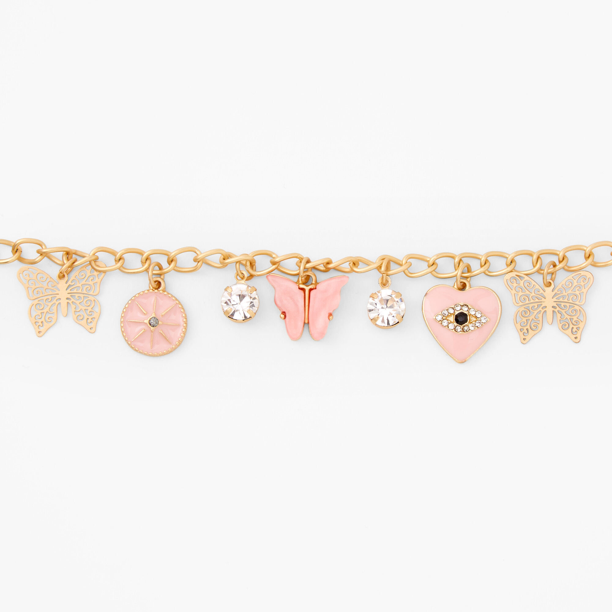Gold Butterfly Evil Eye Charm Bracelet - Pink,
