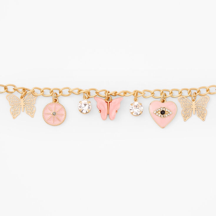 Gold Butterfly Evil Eye Charm Bracelet - Pink,