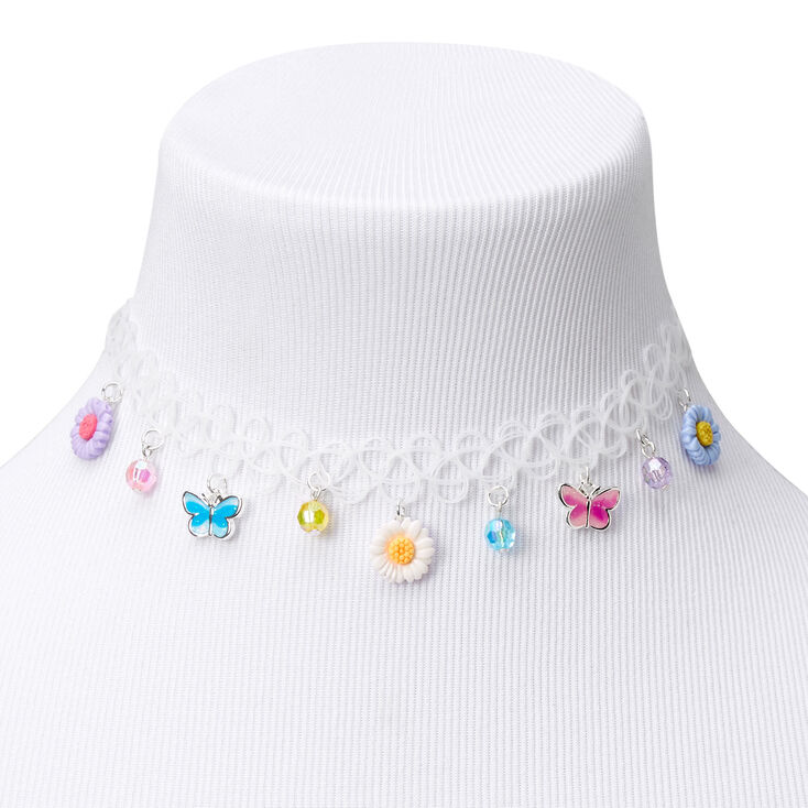 Butterflies &amp; Flowers Tattoo Choker Necklace - White,