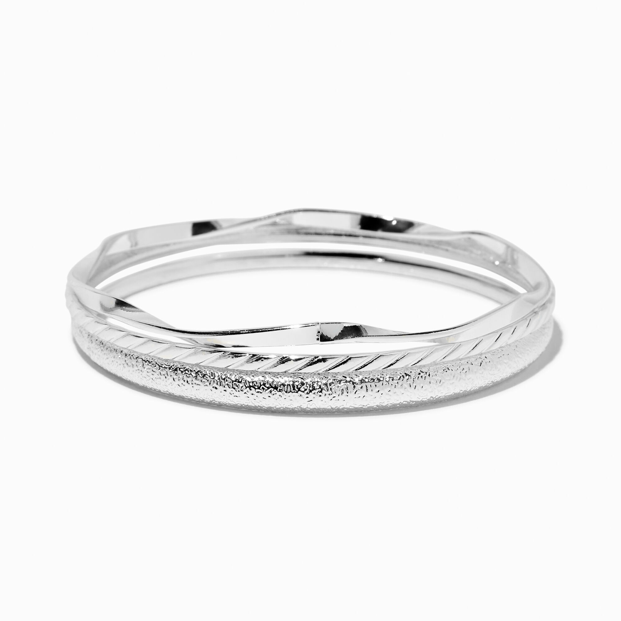 View Claires Tone Mixed Texture Bangle Bracelets 3 Pack Silver information