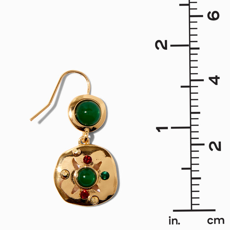Green Embellished Gold Disc Drop Earrings,
