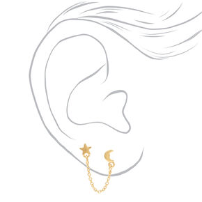 18ct Gold Plated Celestial Connector Chain Stud Earrings,