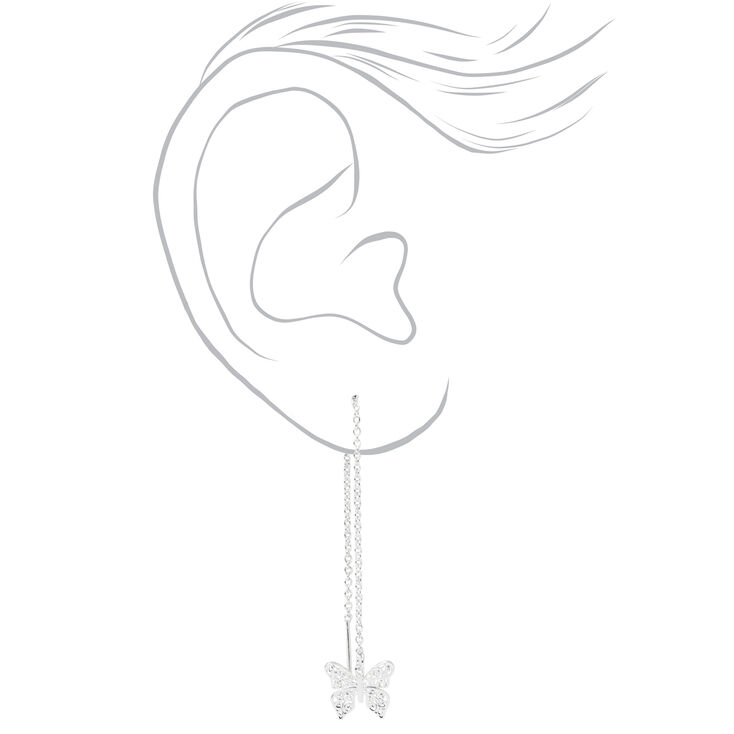 Silver 3&quot; Filigree Butterfly Threader Drop Earrings,