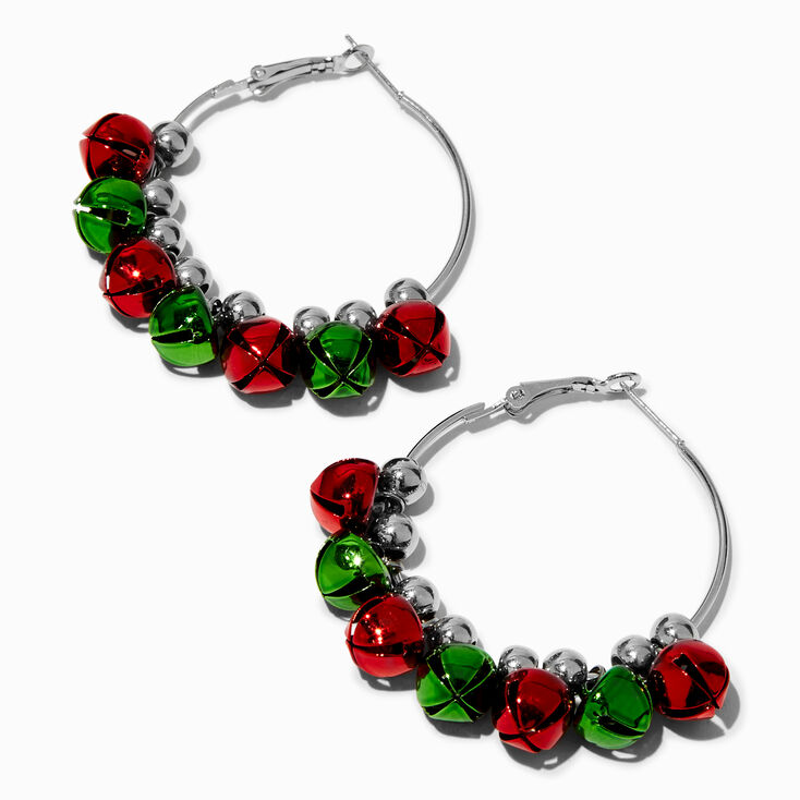 Christmas Jingle Bells 50MM Silver-tone Hoop Earrings,