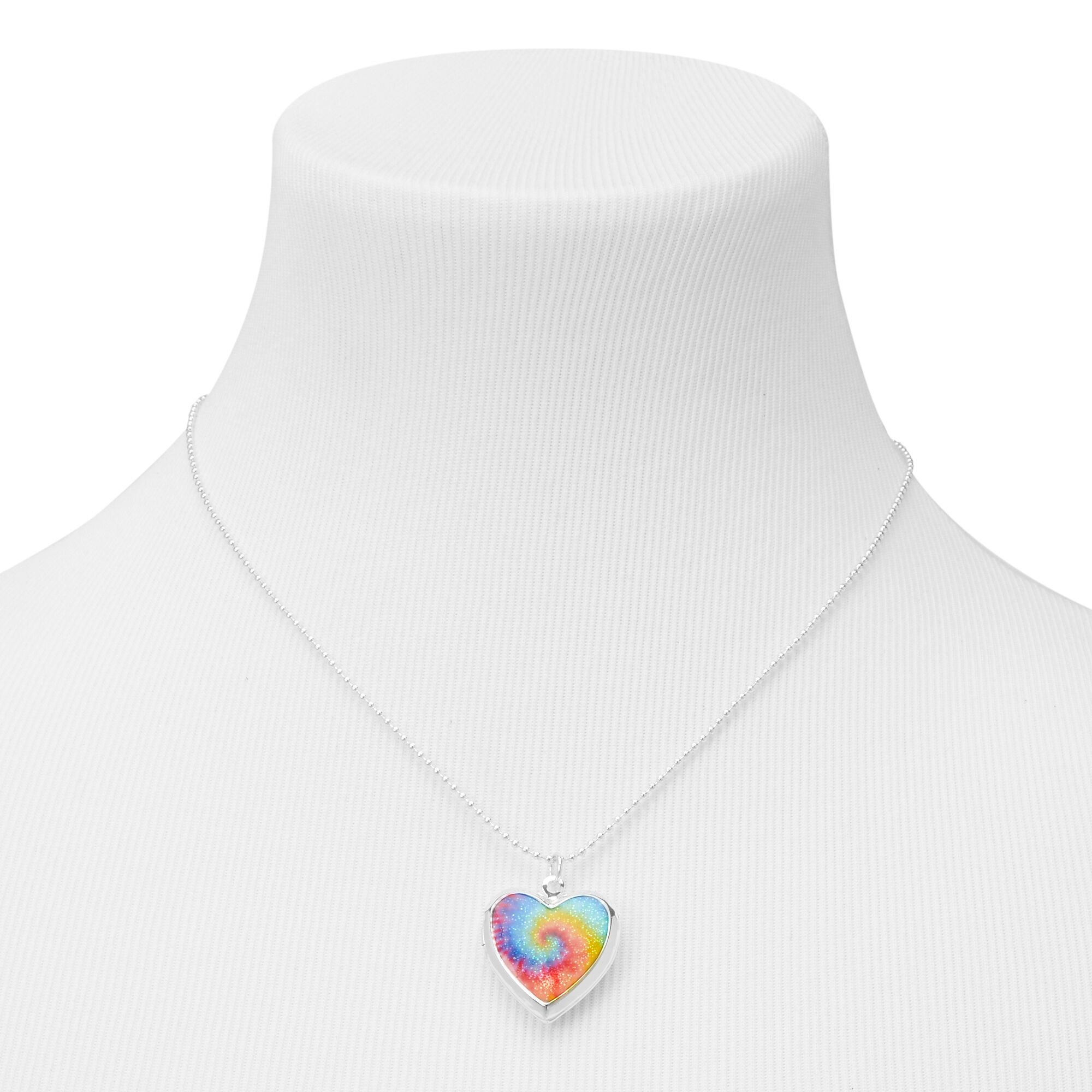 Silver Rainbow Tie Dye Heart Locket Pendant Necklace,