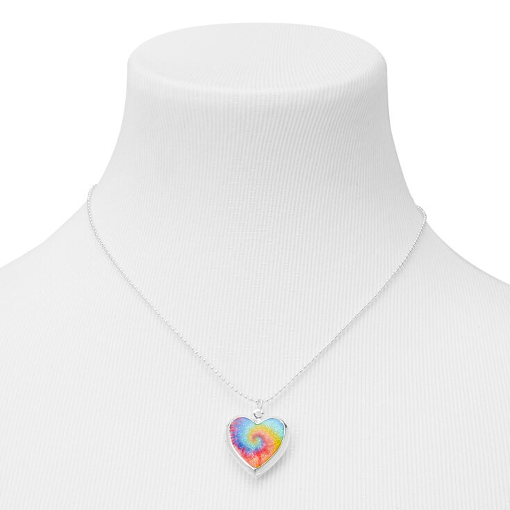 Silver Rainbow Tie Dye Heart Locket Pendant Necklace,