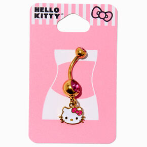 Hello Kitty&reg; Gold-tone Stainless Steel Pink Crystal Face Charm 14G Belly Bar,
