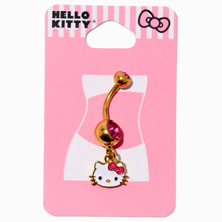 Hello Kitty&reg; Gold-tone Stainless Steel Pink Crystal Face Charm 14G Belly Bar,