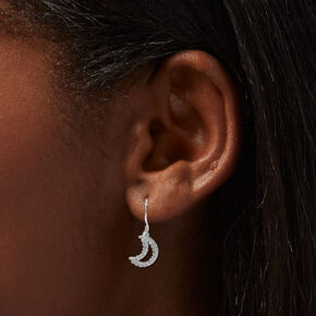 Silver-tone Cubic Zirconia Crescent Moon 0.5&quot; Drop Earrings,