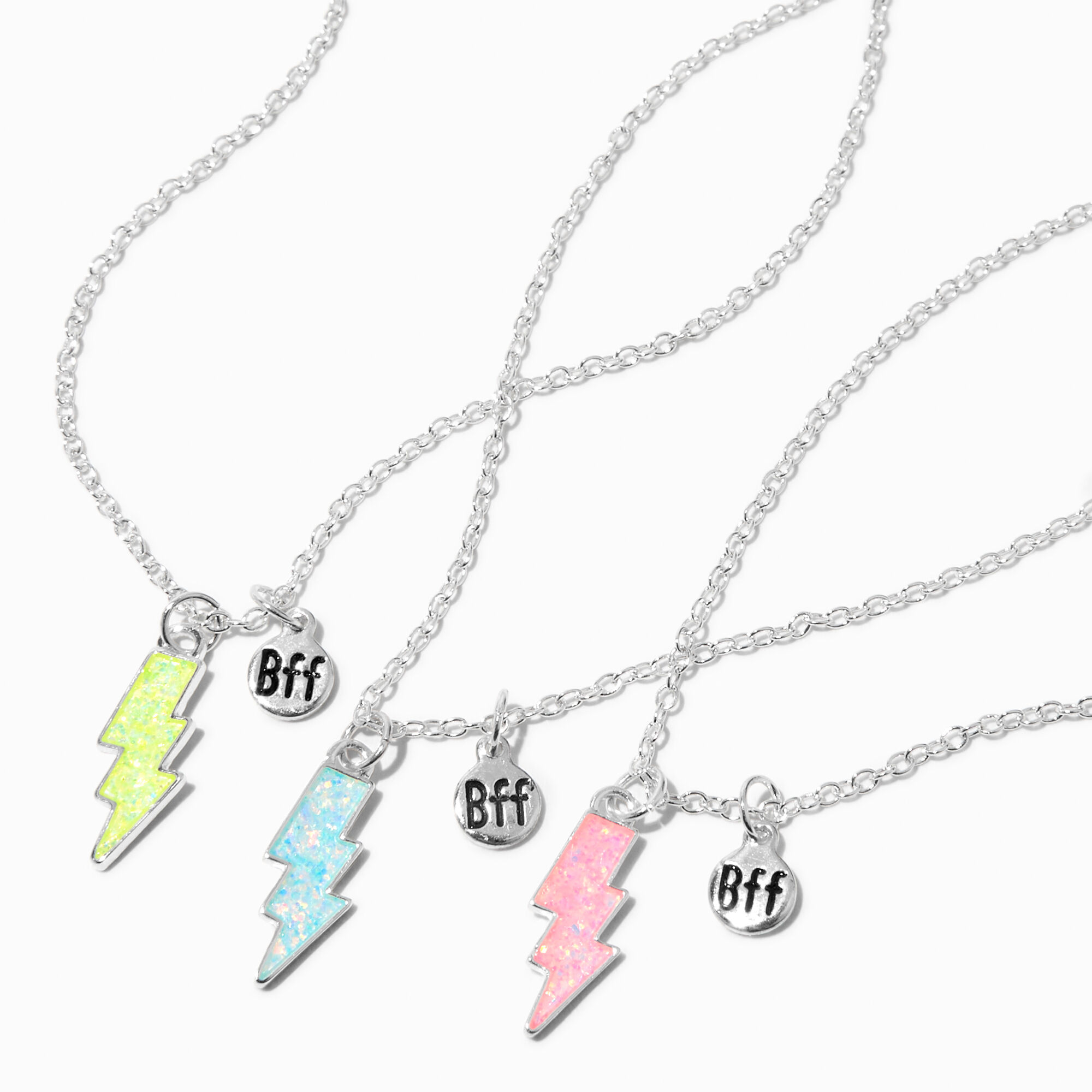 View Claires Best Friends Lightning Bolt Uv ColourChanging Pendant Necklaces 3 Pack Silver information