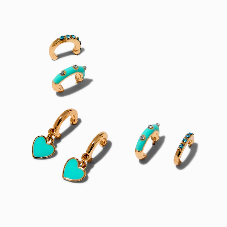 Boucles d&rsquo;oreilles superposables cr&eacute;oles couleur dor&eacute;e c&oelig;ur vert menthe - Lot de 3,
