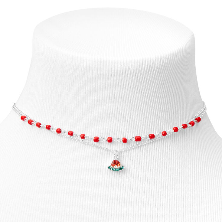 Silver Beaded Watermelon Choker Necklaces - Red, 2 Pack,