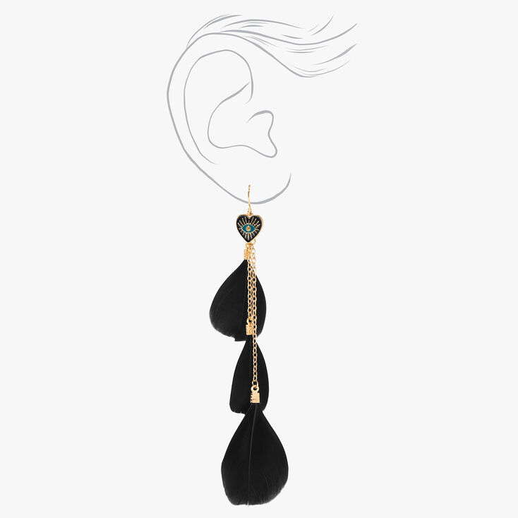 Gold Evil Eye 4&quot; Black Feather Drop Earrings,