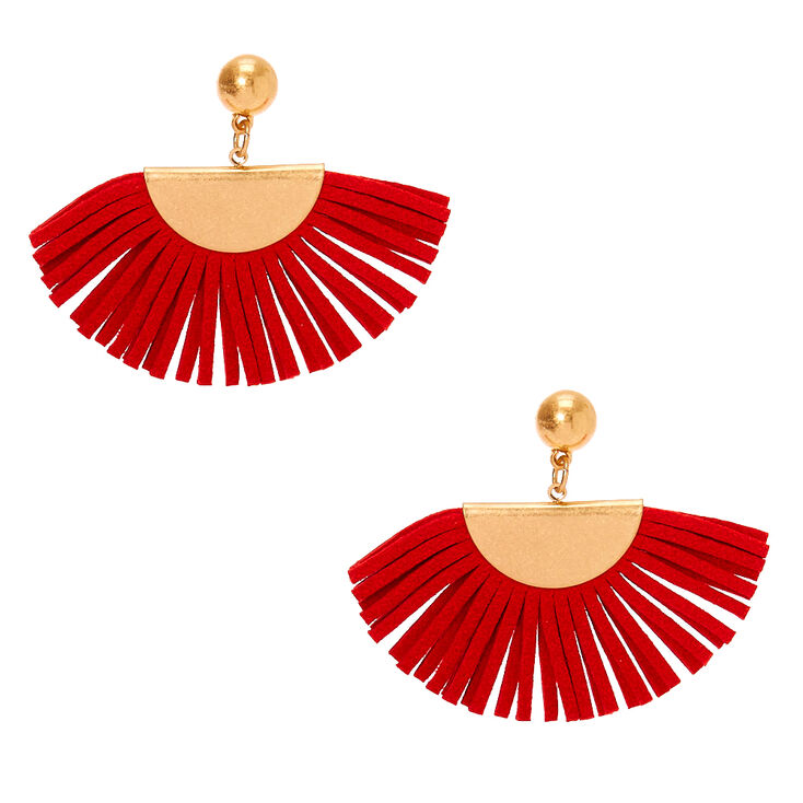 Gold 1.5&quot; Suede Tassel Fan Drop Earrings - Red,