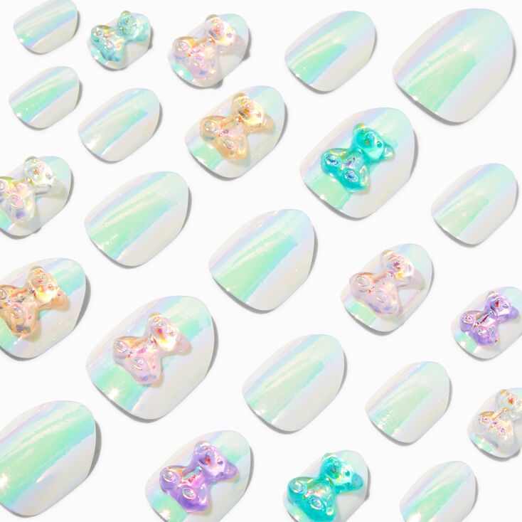 3D Bear Charm Iridescent Stiletto Press On Vegan Faux Nail Set - 24 Pack,