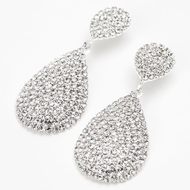 Silver 1.5&quot; Pave Teardrop Drop Earrings,