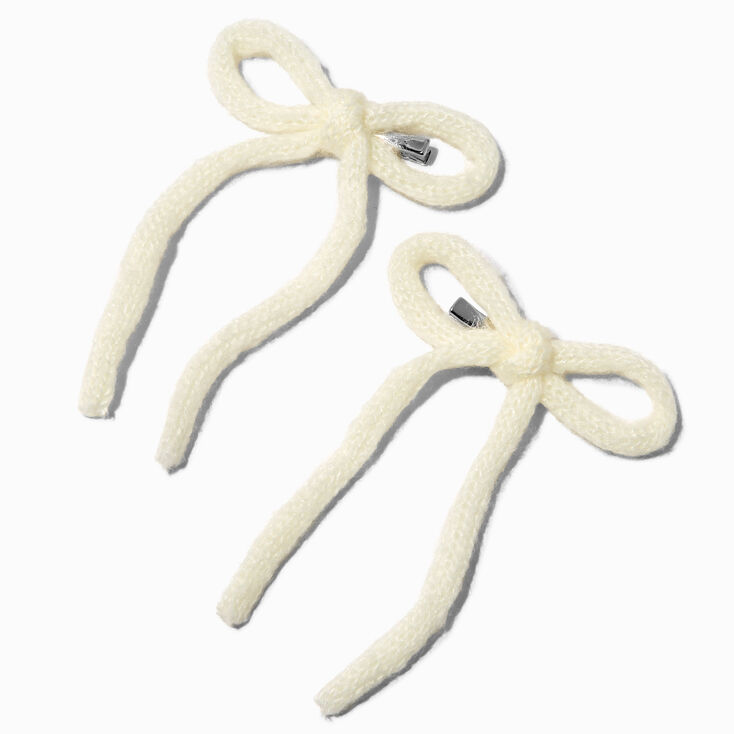 White Knit Hair Bow Clips - 2 Pack,