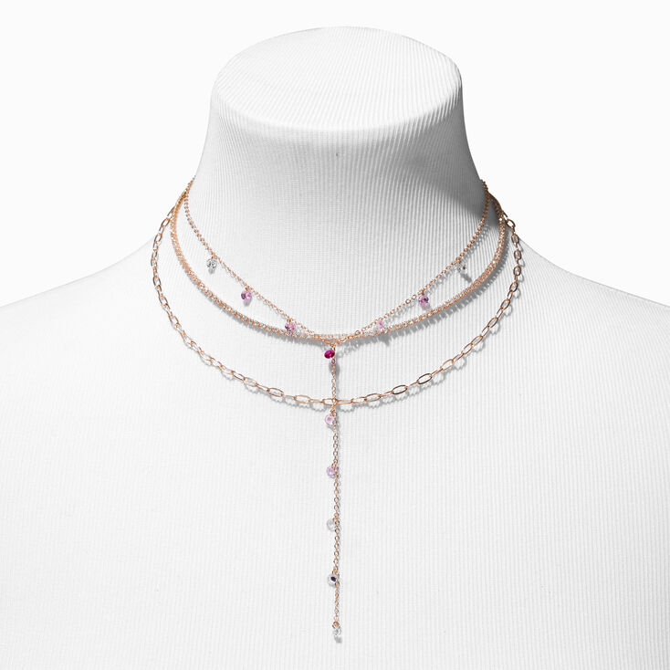 Pink Crystal Y-Neck Gold Multi-Strand Necklace,