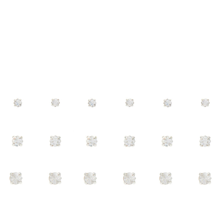 Silver-tone Graduated Crystal Square Stud Earrings - 9 Pack,