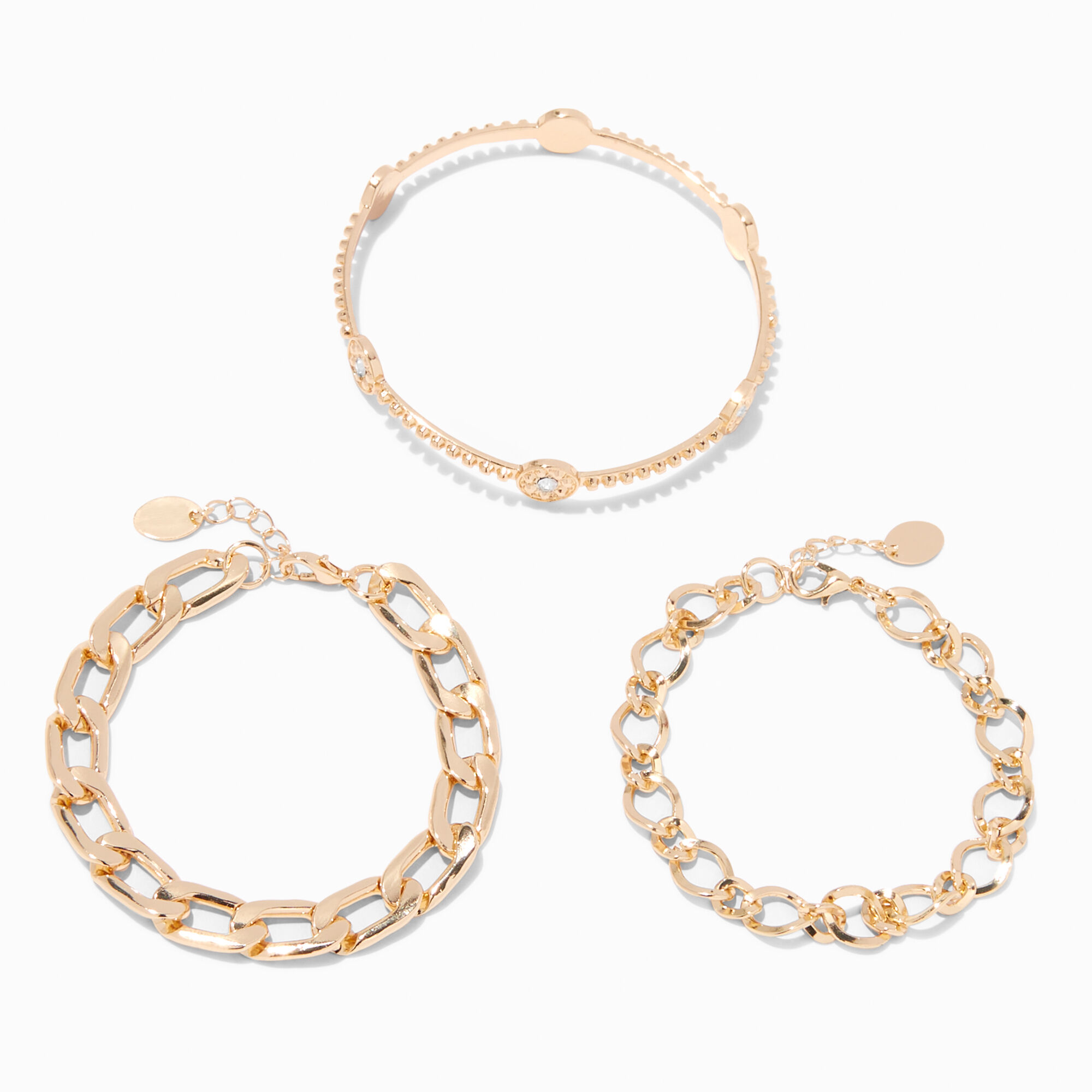 View Claires Tone Link Chain Bangle Bracelets 3 Pack Gold information