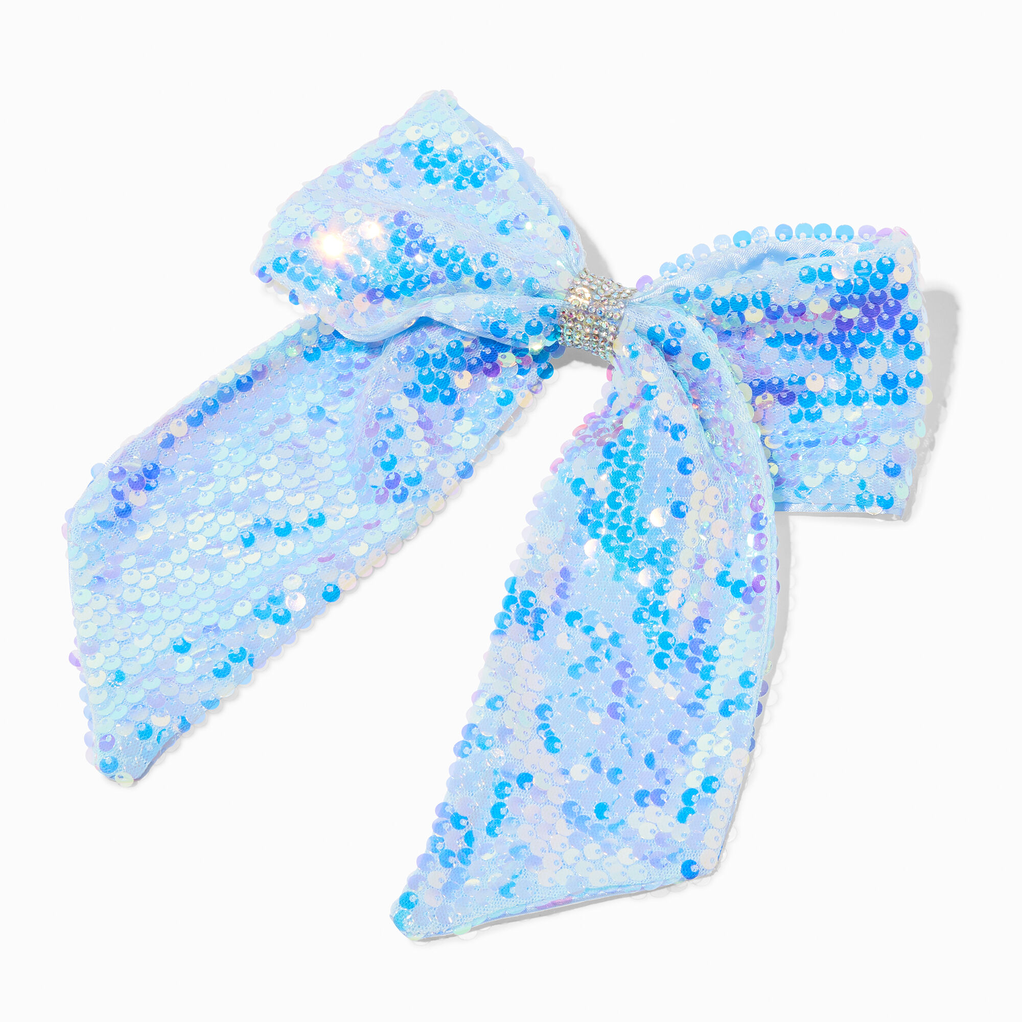 View Claires Holographic Sequin Bow Hair Clip Blue information