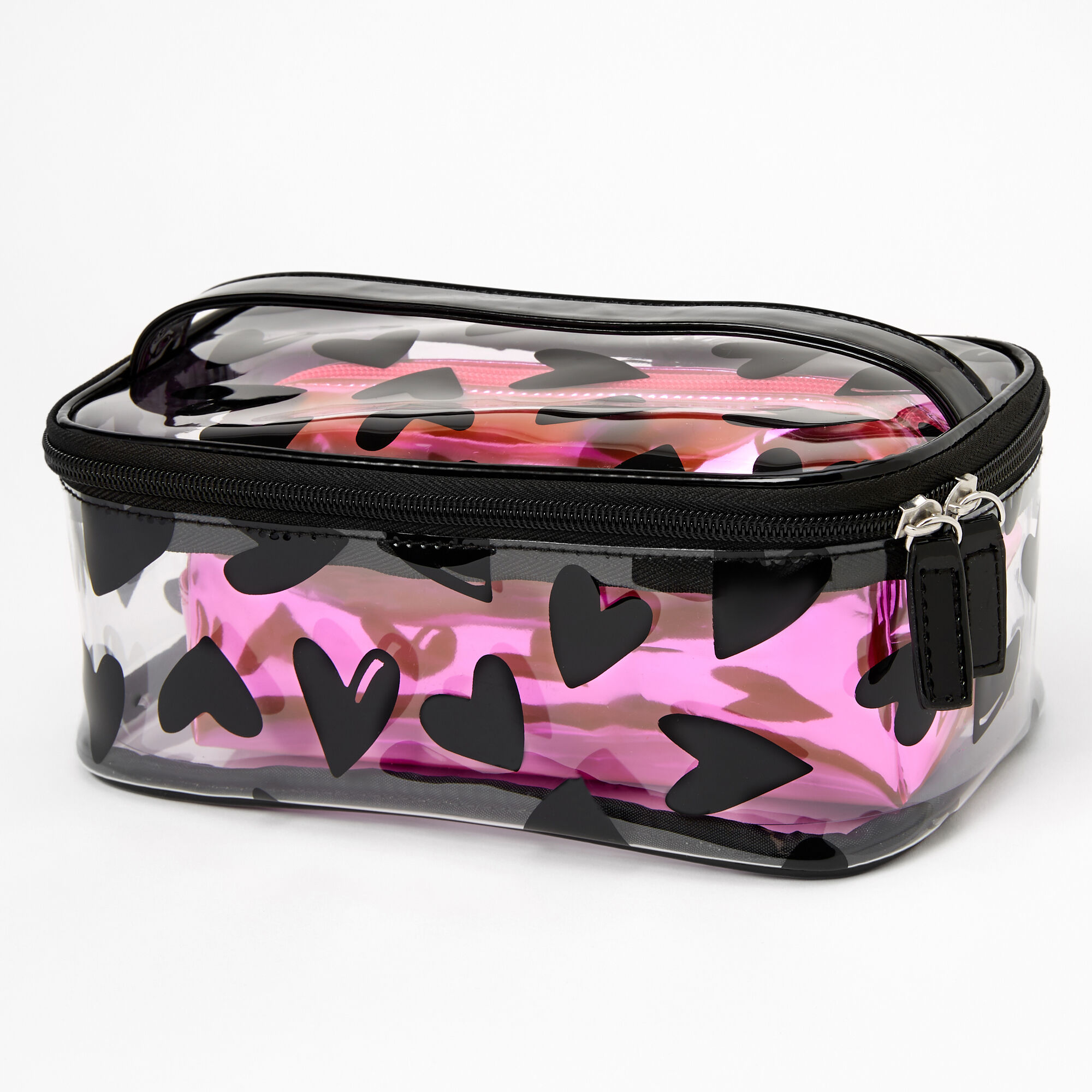 View Claires Hearts Pink Metallic 2In1 Makeup Cases 2 Pack Black information