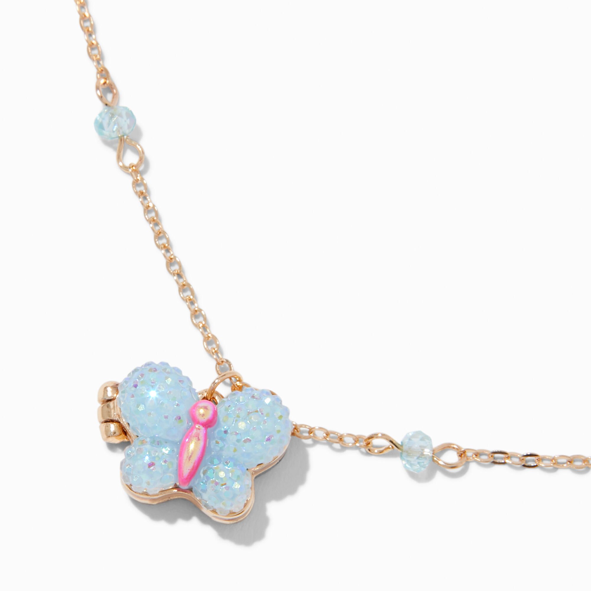 Textured Blue Butterfly Locket Pendant Necklace,