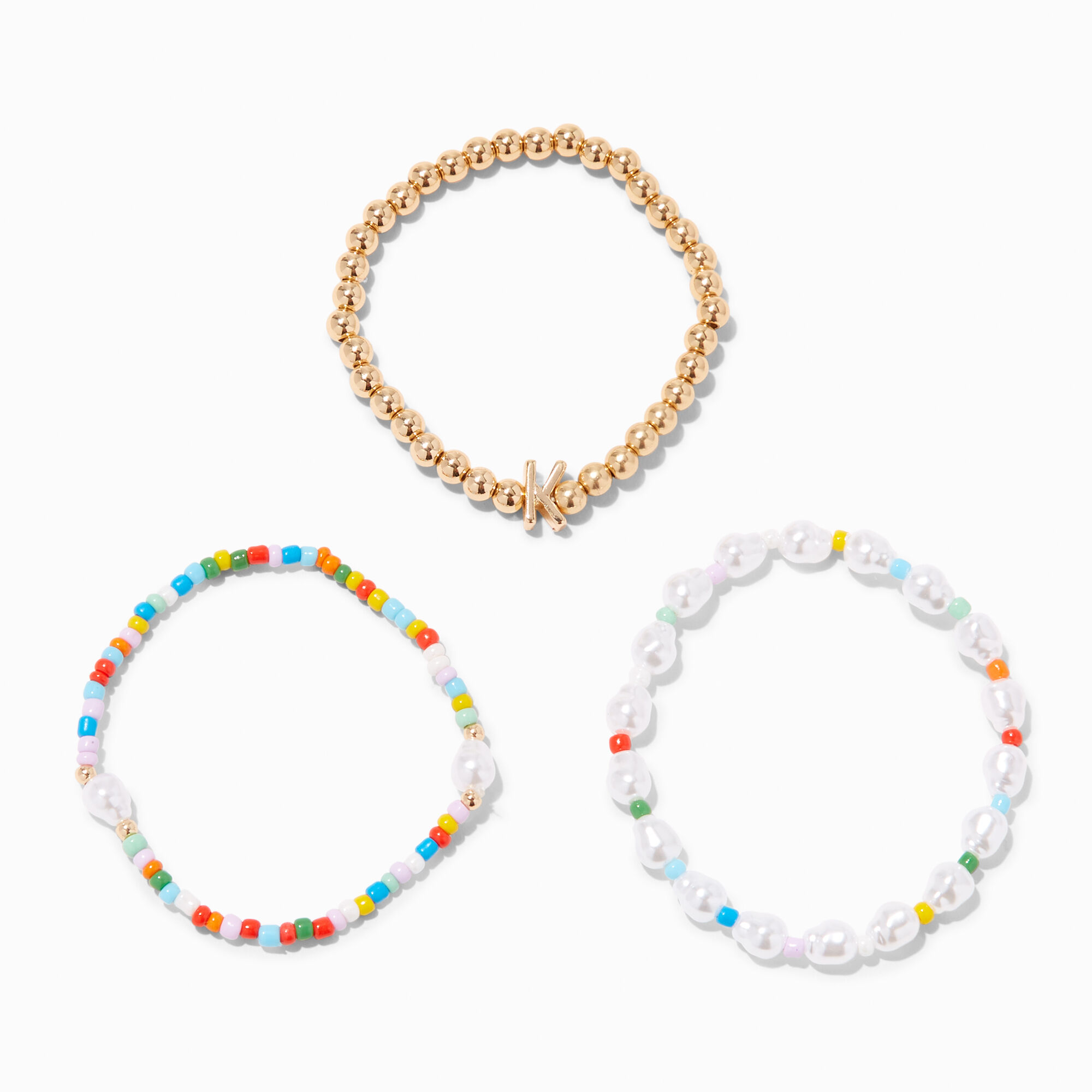 Gold-tone Beaded Initial Stretch Bracelet Set - K,