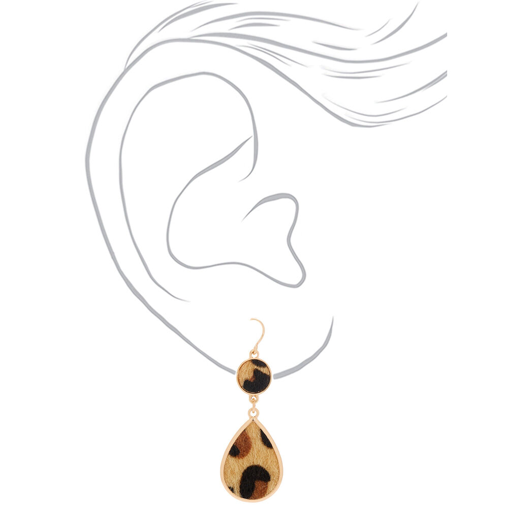 Gold 2" Fuzzy Leopard Print Drop Earrings,